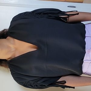 NWT Express V-neck Silky blouse with ruched tie up sleeves
